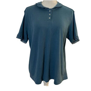 Blair Vintage Blouse Light Blue Eyelet Sleeves and Collar Short Sleeve Large